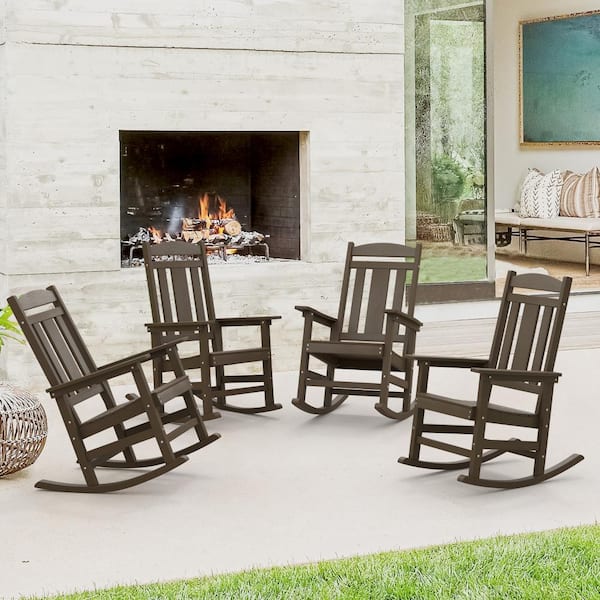 OrangeOne Coffee Brown Plastic HDPS Porch Patio Adirondack Outdoor Rocking Chair Porch Rocker Patio Rocking Chair(Set-4)