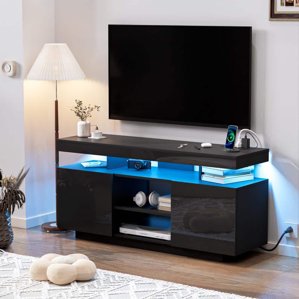 47.24 in. Modern Black TV Stand Fits TVs up to 55 in. with Outlets and RGB LED Light Strip -  Hommpa