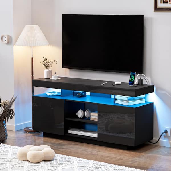 Hommpa 47.24 in. Modern Black TV Stand Fits TVs up to 55 in. with Outlets and RGB LED Light Strip