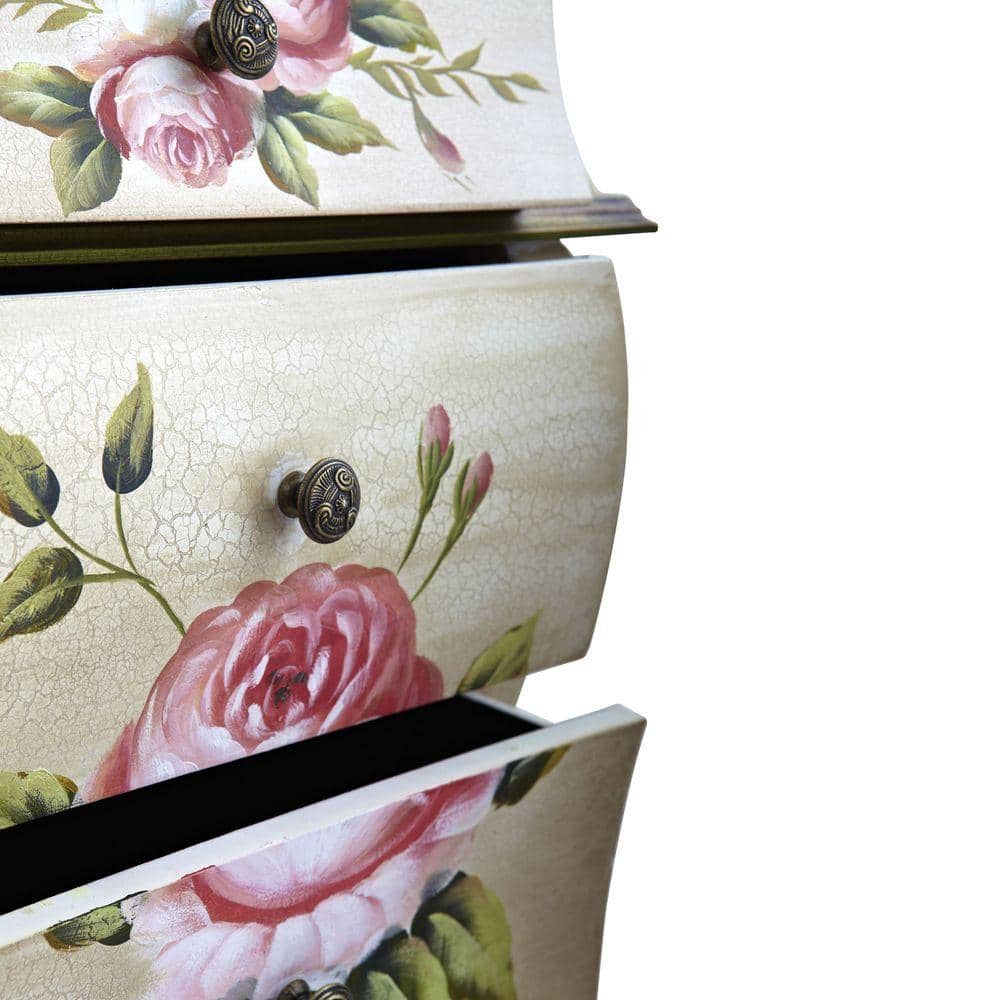 Antique White Floral Pattern 3-Drawer Nightstand