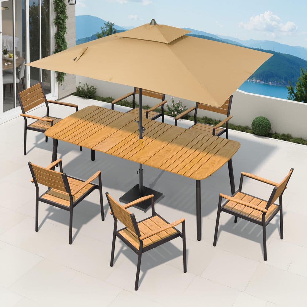 9-Piece 82 in. Brown Aluminum Wood-Like Outdoor Dining Set with Arm Chairs, Market Patio Double Top Umbrella & Base