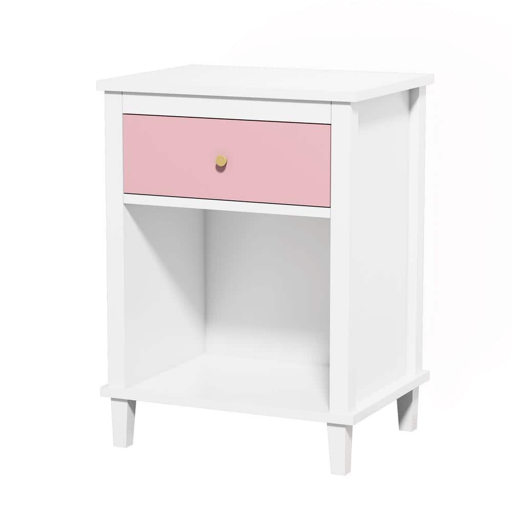 Tatahance Pink-White Wooden 1-Drawer Nightstand with Open Shelf 