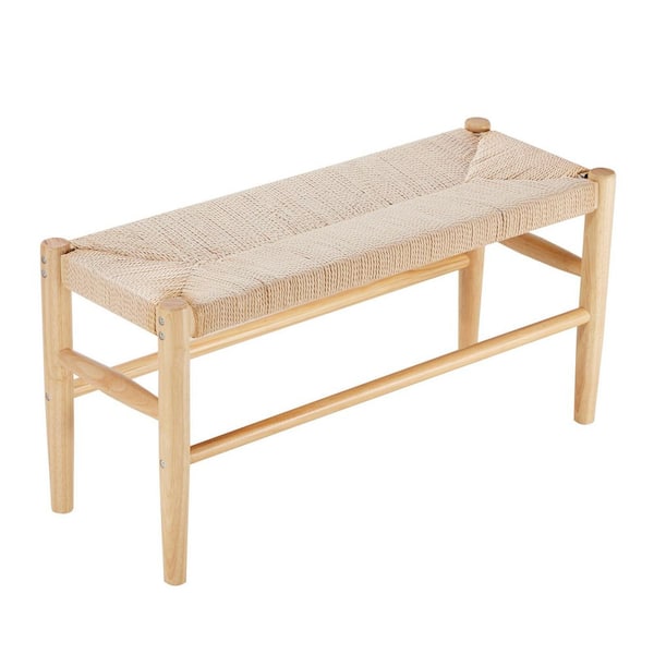 Rattan Bench, 31.5 in. Wooden Rattan Bench, Entrywway Bench with Oak Wood Legs, Bedroom End of Bed Boho Bench with Hand