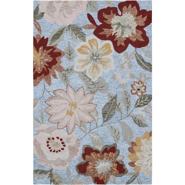 D1762 Blue 5 ft. x 8 ft. Hand Tufted Floral Transitional Indoor Wool Area Rug