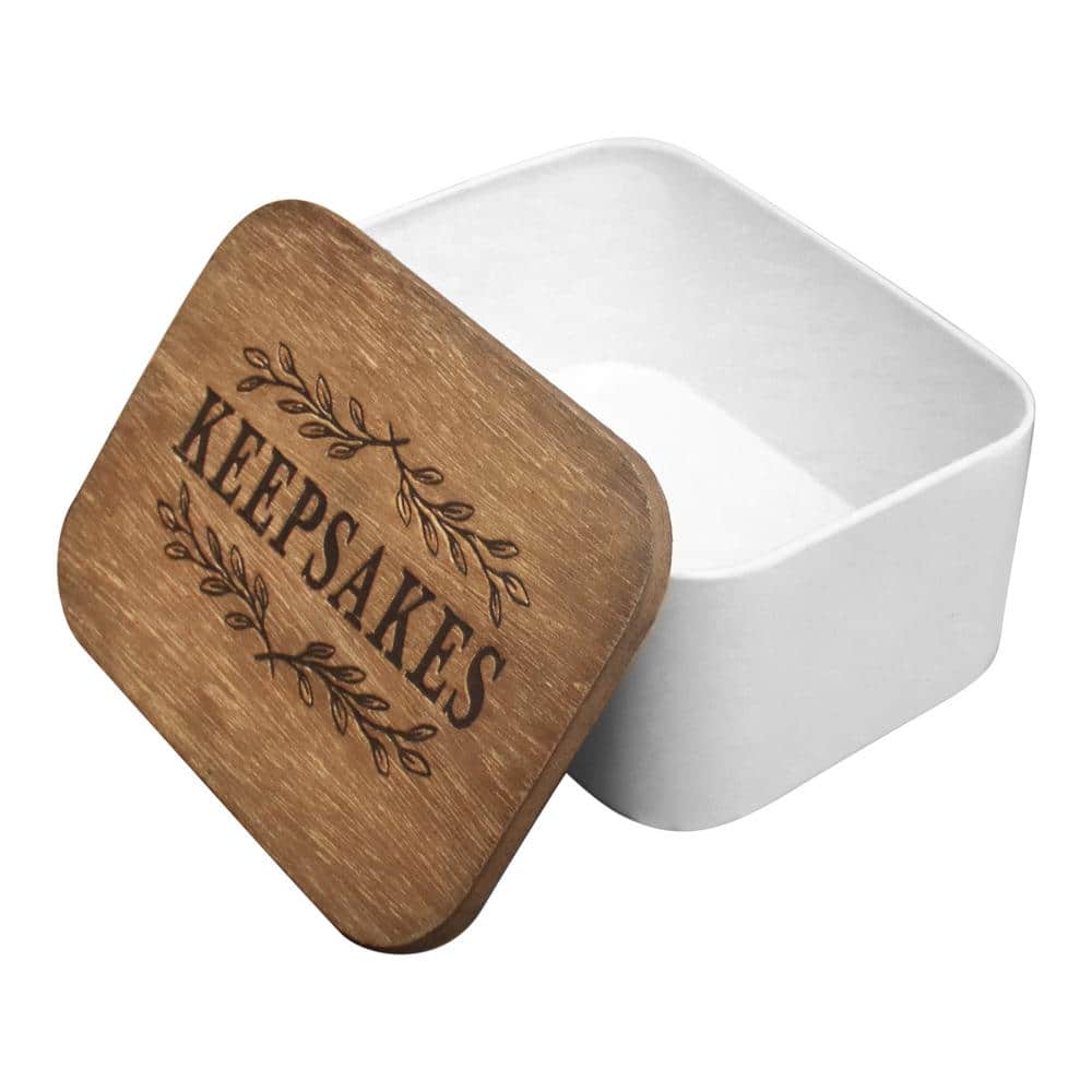 White and Brown Farmhouse Wood Keepsakes Storage Box with Engraved Lid