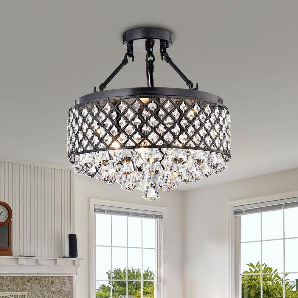 Antique Black Crystal Drum Semi-Flush Mount Chandelier