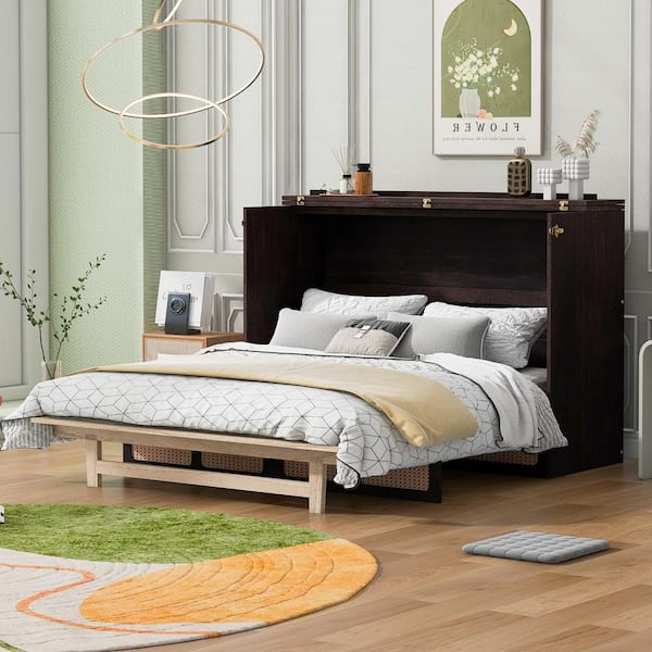 Harper & Bright Designs Espresso(Brown) Wood Frame Queen Murphy Bed with USB Charging Station, Stylish Cabinet with Large Drawer, Rattan Accents