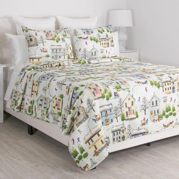 Holiday Village 3Piece Multicolored Christmas Queen Quilt Set 35392
