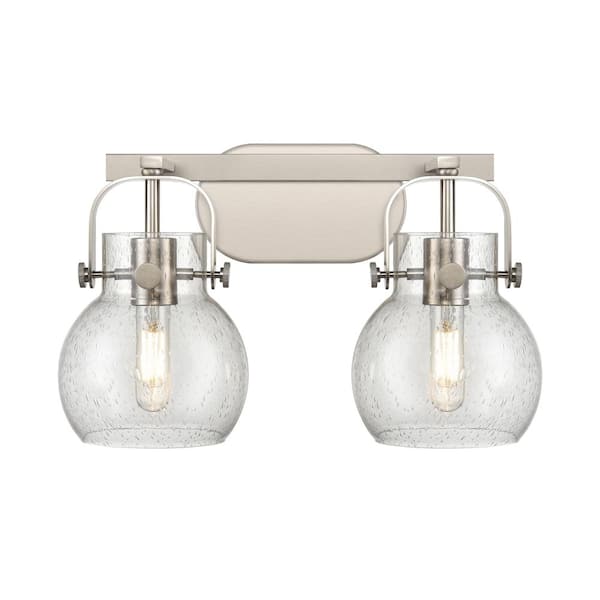 Innovations Pilaster II Sphere 17 in. 2-Light Satin Nickel Vanity Light with Glass Shade