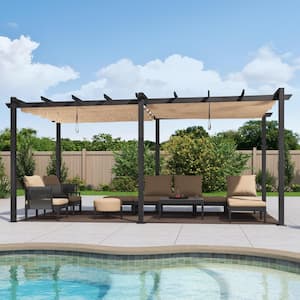 10 ft. x 18 ft. Gray Aluminum Frame Outdoor Patio Pergola Gazebo with Beige Retractable Sun Shade Canopy for Pavilion