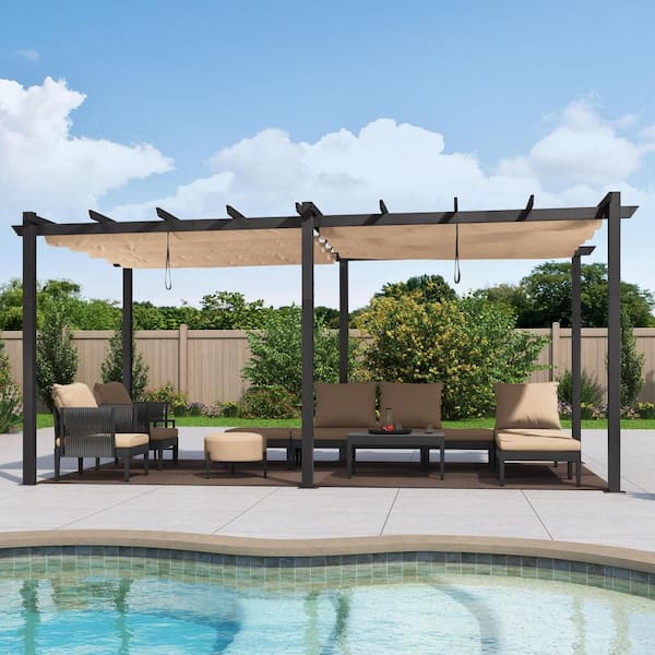 10 ft. x 18 ft. Gray Aluminum Frame Outdoor Patio Pergola Gazebo with Beige Retractable Sun Shade Canopy for Pavilion