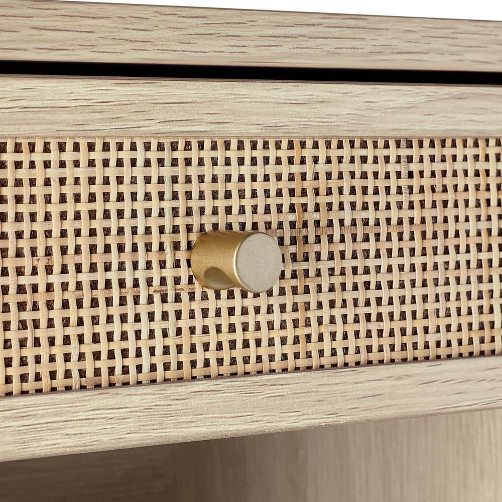 Light Oak and Rattan Floating Nightstand with Brass Knob
