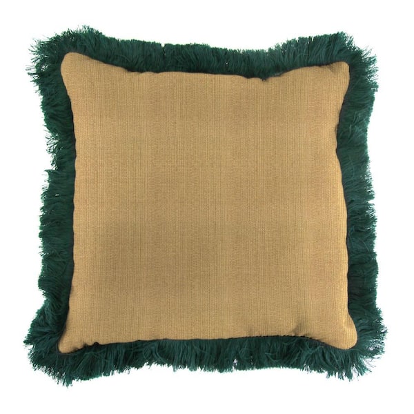 Jordan Manufacturing Sunbrella Linen Straw Square Outdoor Throw Pillow with Forest Green Fringe