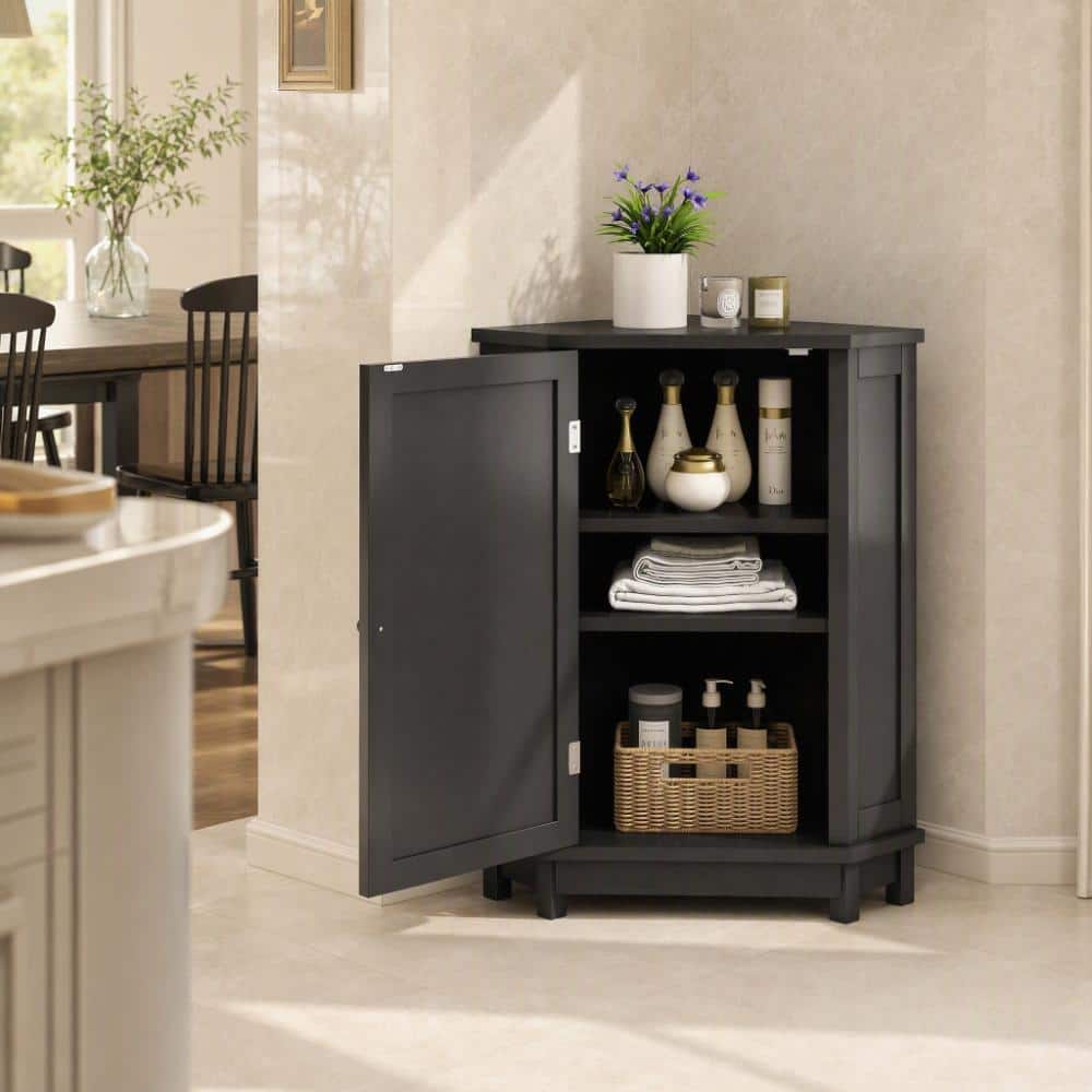 24.8 in.W x 17.5 in.D x 31.4 in.H Black MDF Bathroom Linen Cabinet Triangle Corner Storage with Adjustable Shelf