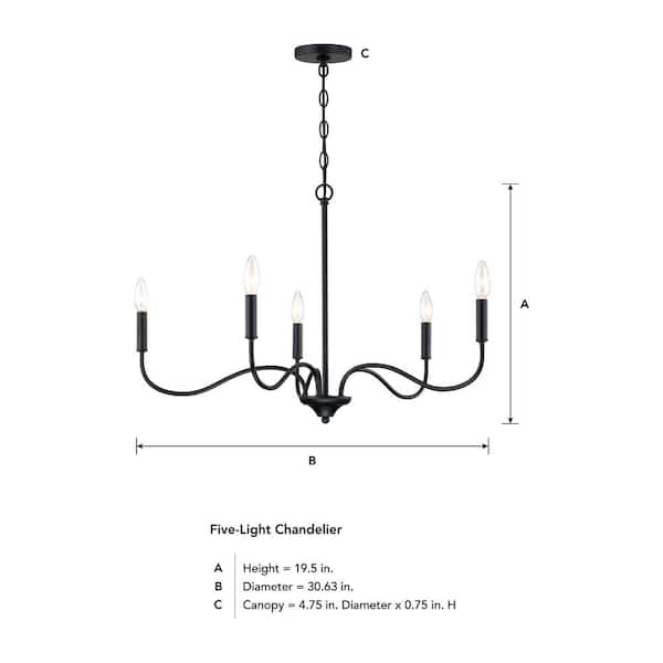Cordelia Lighting 5-Light Matte Black Minimalist Candle Chandelier for Dining Areas with No Bulbs Included