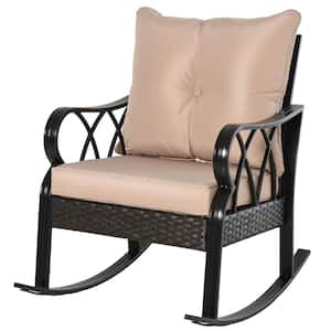 Black Aluminum Outdoor Rocking Chair with Beige Cushion and Weather-Resistant Materials