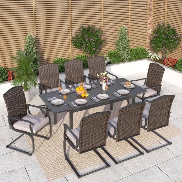 PHI VILLA Black 9-Piece Metal Patio Outdoor Dining Set with Extendable Table and Rattan Chairs with Beige Cushion