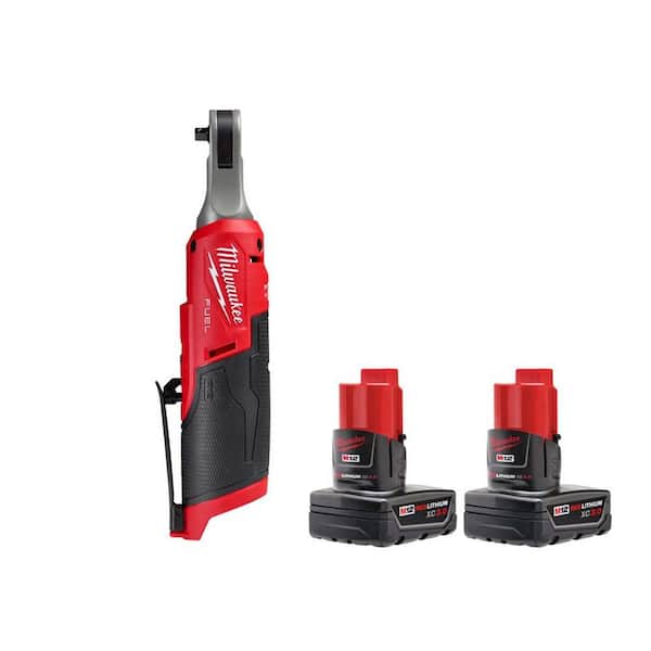 Milwaukee M12 FUEL 12V Lithium-Ion Brushless High Speed 1/4 in. Cordless Ratchet with 3.0 Ah Battery Pack (2-Pack)