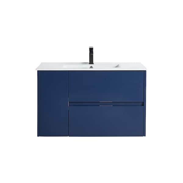 VANITYFUS 36 in. W x 18 in. D Bath Vanity in Navy Blue with Vanity Top in White with White Basin