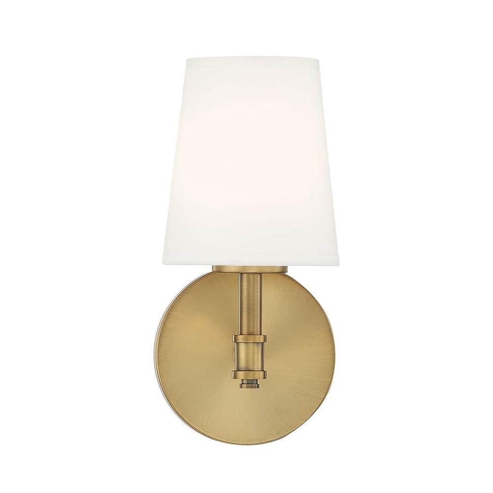 Natural Brass Dimmable Wall Sconce with White Linen Shade