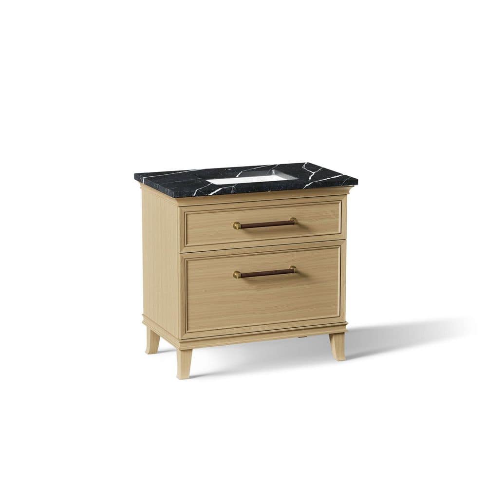 Artifacts 36 in. Freestanding Light Oak Bath Vanity with Black Eternal Marquina Quartz Top And Brass Hardware