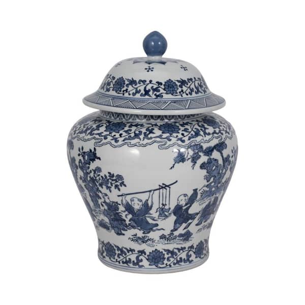 Liv & Skye 15 in. Blue and White Ceramic Blossom Temple Jar