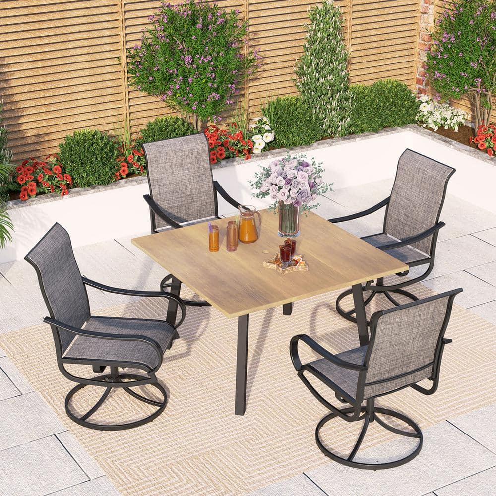 Black 5-Piece Metal Square Patio Outdoor Dining Set with Wood-Look Table and Textilene Swivel Chairs -  PHI VILLA, THD5-456-093B