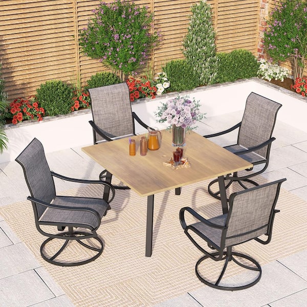 PHI VILLA Black 5-Piece Metal Square Patio Outdoor Dining Set with Wood-Look Table and Textilene Swivel Chairs