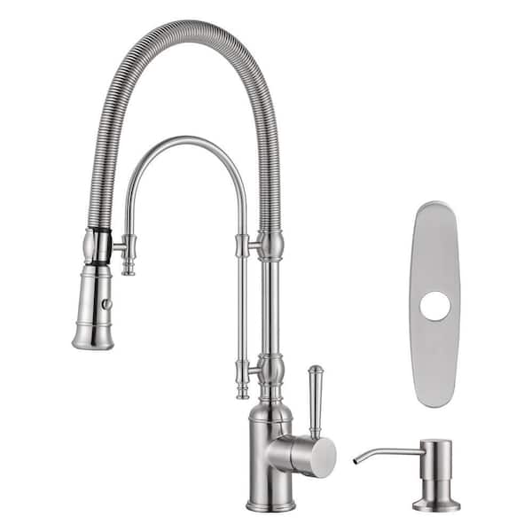 Solid Brass Single Handle Pull Down Sprayer Kitchen Faucet with Soap Dispenser in Brushed Nickel