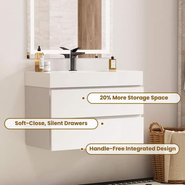 NOBLE 30 in. W x 18 in. D x 25 in. H Single Sink Floating Bath Vanity in White with White Solid Surface Integral Top