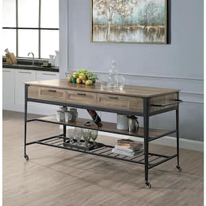 64 in. Wide Industrial Style Storable Macaria Kitchen Island Cart Black Finish in Rustic Oak Wood Top With Metal Frame