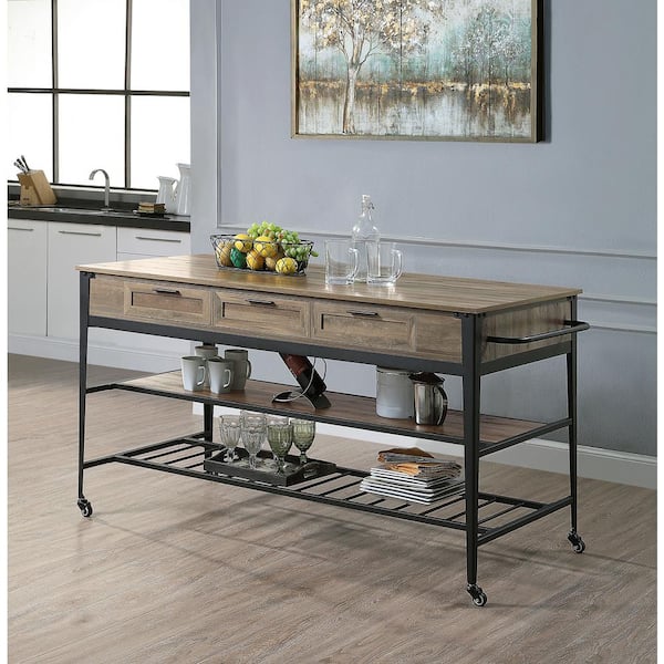 Westsky 64 in. Wide Industrial Style Storable Macaria Kitchen Island Cart Black Finish in Rustic Oak Wood Top With Metal Frame