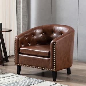 Dark Brown Faux Leather Tufted Armchair, Barrel Chair with Rubber Wood Legs, Nailhead Trim