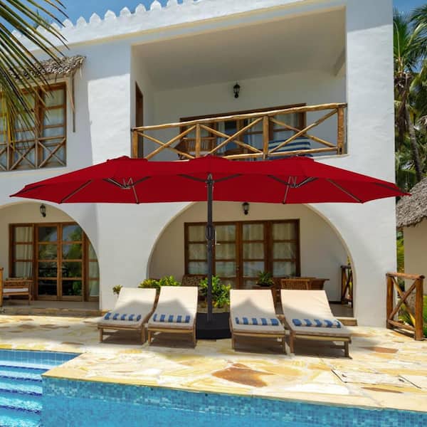 PASAMIC 15 ft. Patio Market Umbrella Double-Sided Outdoor Patio Umbrella UV Protection with Crank Handle and Base in Burgundy