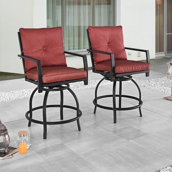 TOP HOME SPACE Swivel Metal Outdoor Bar Stools with Red Cushion(2-Pack)