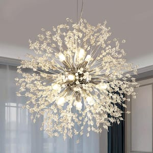 19.69 in. 9-Lights Chrome Crystal Dandelion Shape Chandelier for Dining Room and Living Room, Lounge, Base, Kitchen