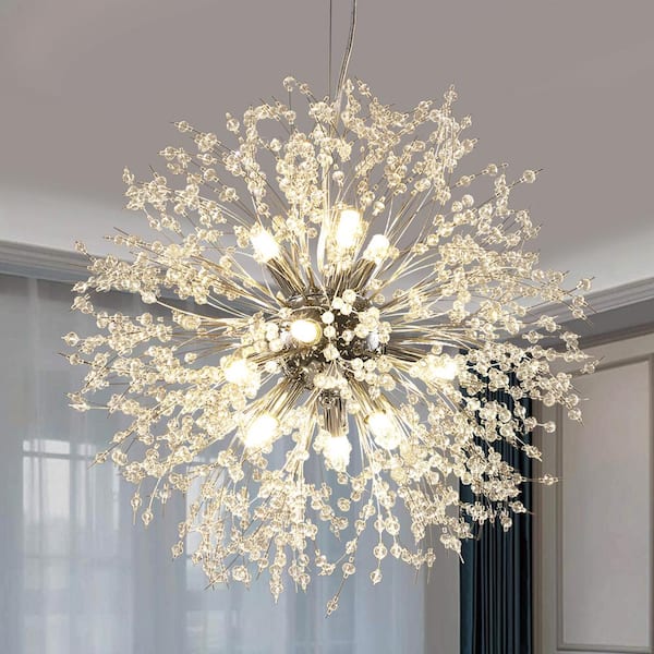 GoYeel 19.69 in. 9-Lights Chrome Crystal Dandelion Shape Chandelier for Dining Room and Living Room, Lounge, Base, Kitchen