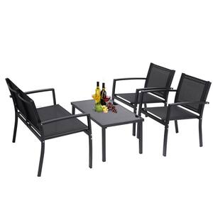 Black 4-Piece Metal Patio Conversation Set with Glass Coffee Table
