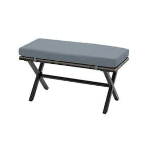 Laguna Point Brown Steel Wood Top Outdoor Patio Bench with Sunbrella Denim Blue Cushions