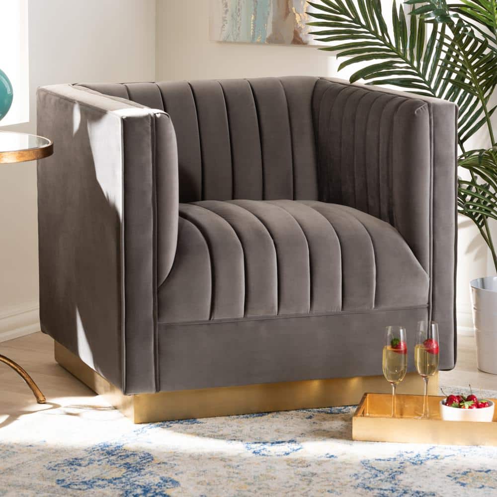 Walnut Brown and Taupe Leather Accent Chair with Slatted Back