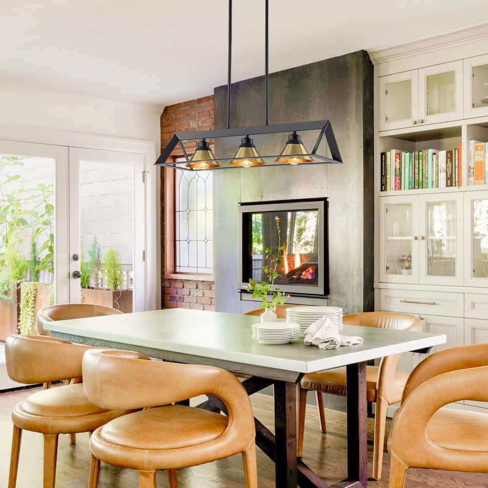 25.6 in. 3-Light Matte Black and Gold Pendant Light with Cone Iron Shades for Dining Room price history on PriceWatchPro