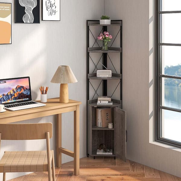 71 in. Tall Gray Wood 6-Tier Corner Bookshelf Standard Bookcase with 5-Level Adjustable Shelf And Anti-Tipping Kits