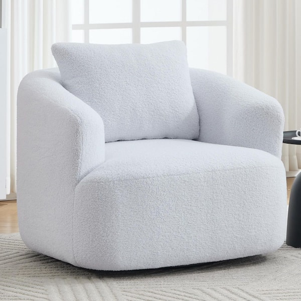 Clinton Modern White Upholstered Teddy Fleece Swivel Accent Chair Arm Chair with Pillow and Metal Base