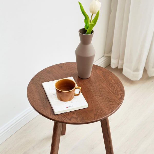 Mona 17.7 in. Walnut Round Solid Wood End Side Table with Easy to Assemble