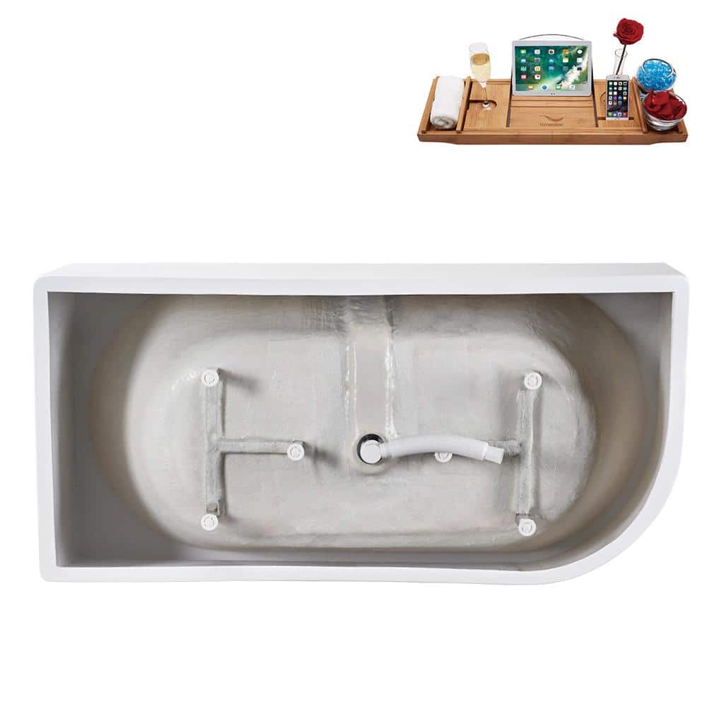 67" Glossy White Acrylic Freestanding Soaking Tub with Bamboo Tray