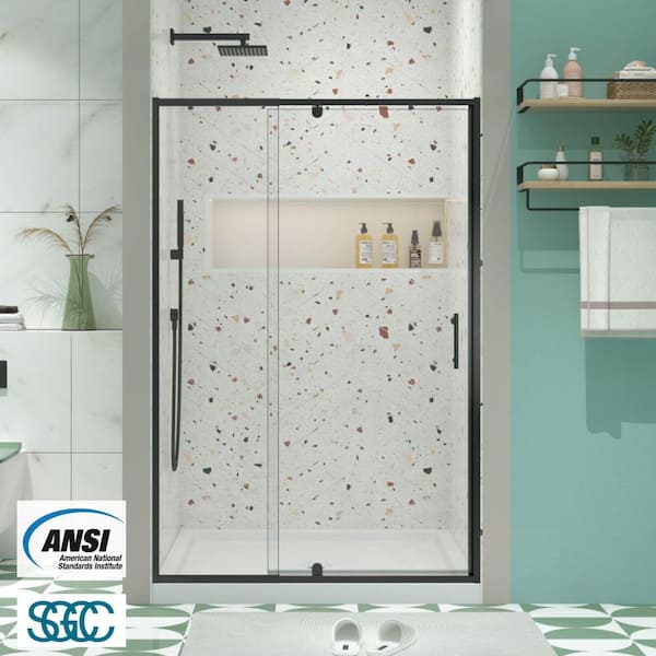 50 in. to 54 in. W x 71 in. H Framed Pivot Shower Door in Black with Clear Glass