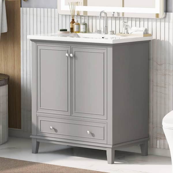 30 in. W Single Sink Freestanding Bath Vanity in Gray with White Ceramic Top, 2 Doors and 1 Drawer