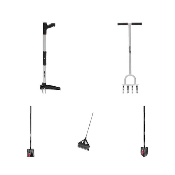 40 in. Claw Weeder, 41 in. Lawn Aerator, 47 in. Transfer Shovel, 26 in. Poly Rake and 47 in. Digging Shovel Combo