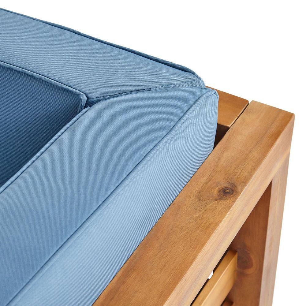 Louise Teak Finish Acacia Wood Club Chair with Blue Cushions