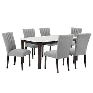 Aron 7-Piece Rectangular White Faux Marble Top Dining Set With 6 Gray Linen Fabric Chairs